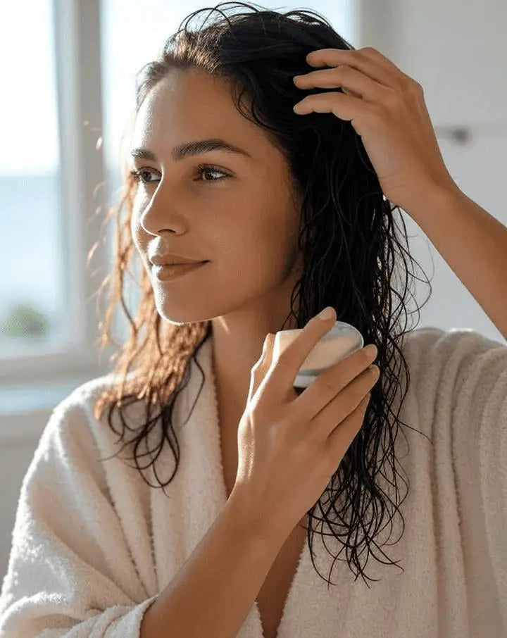 Donna con capelli bagnati che applica un balsamo da un contenitore chiaro