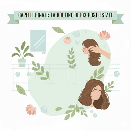 Illustrazione di una donna che si prende cura dei capelli con elementi naturali