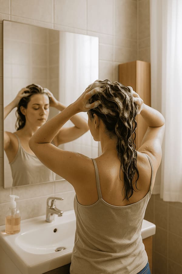 Donna che applica shampoo naturale e biologico sui capelli in bagno
