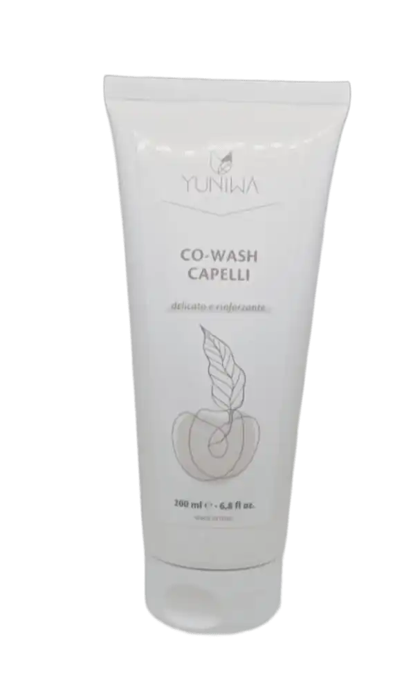 Flacone bianco a pressione di prodotto per capelli ’CO-WASH CAPELLI’.