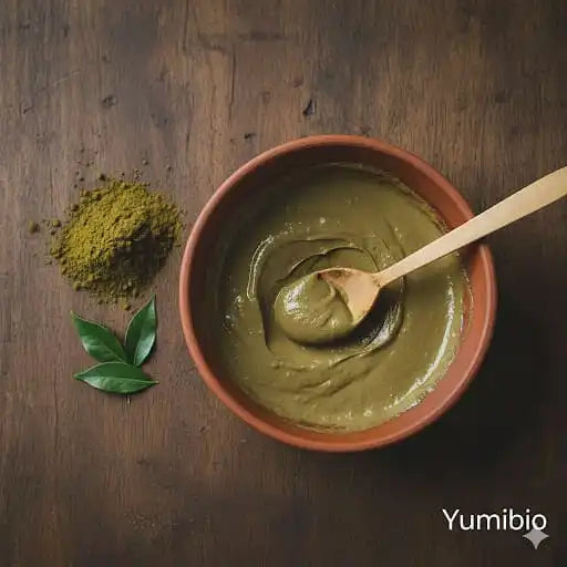 Una ciotola di pasta di henné verde con un cucchiaio di legno, insieme a una pila di polvere di henné e foglie fresche.