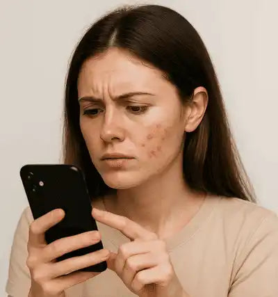 Una donna con acne e iperpigmentazione sul volto, che guarda uno smartphone.