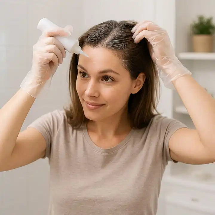 Donna che applica la tintura ai capelli alle radici.