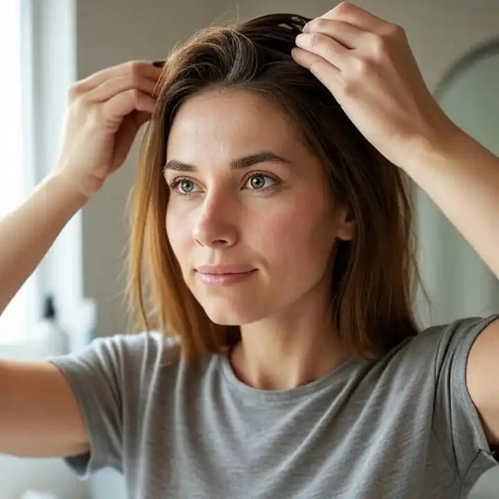 Una donna con i capelli visibilmente grigi alla radice.