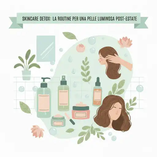 Una raccolta illustrata di prodotti e routine per la cura della pelle per una carnagione radiosa dopo l'estate.