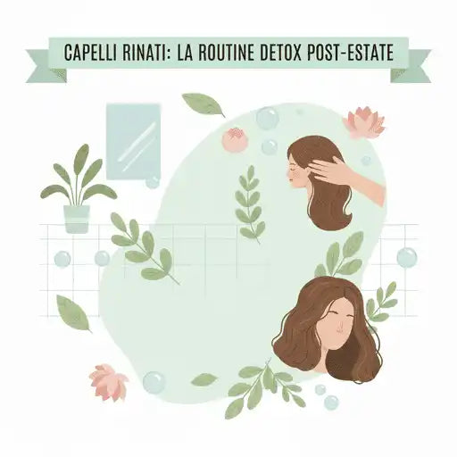 Un'illustrazione di cura dei capelli con una donna che si lava i capelli e elementi botanici.