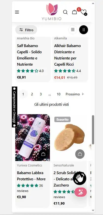 Un'interfaccia di commercio elettronico mobile per prodotti di bellezza e cura personale.