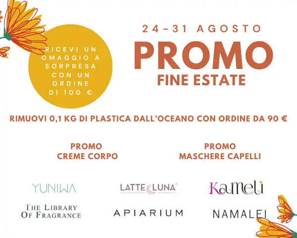 Un annuncio per una promozione di fine estate su creme corpo e maschere per capelli di vari marchi di bellezza.
