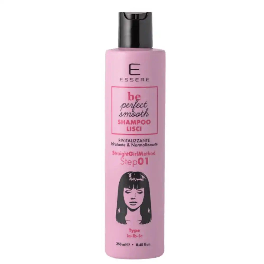 Bottiglia di plastica rosa dello shampoo 'Essere Be Perfect Smooth' per capelli lisci.