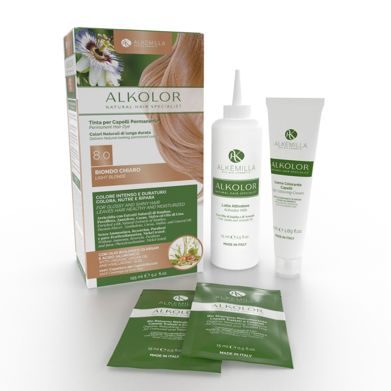 Alkolor Permanente Teinte 8.0 - Blond Clair Alkemilla Teint de légumes et de Henne   Disponible sur Yumibio.com