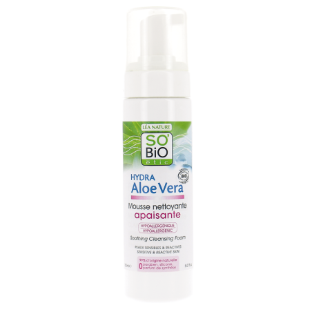Hydra-Aloe - Nettoyage de la Mousse Apaisante, Hypoallergénique SO’BiO étic Les détergents   Disponible sur Yumibio.com