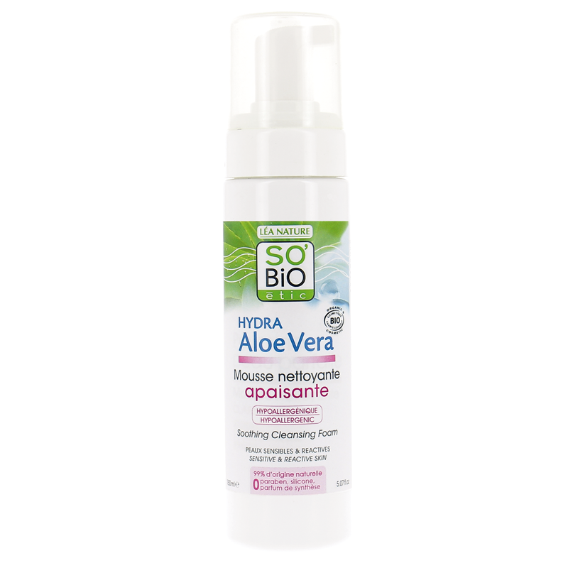Hydra-Aloe - Nettoyage de la Mousse Apaisante, Hypoallergénique SO’BiO étic Les détergents   Disponible sur Yumibio.com