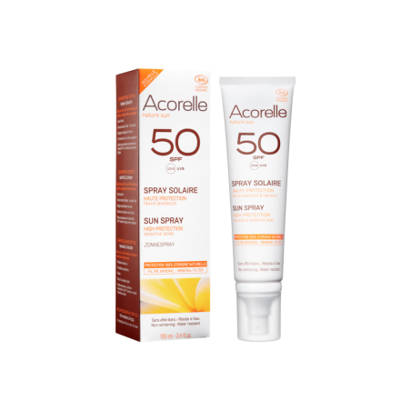 Spray solaire SPF 50 Acorelle Protection solaire bio   Disponible sur Yumibio.com