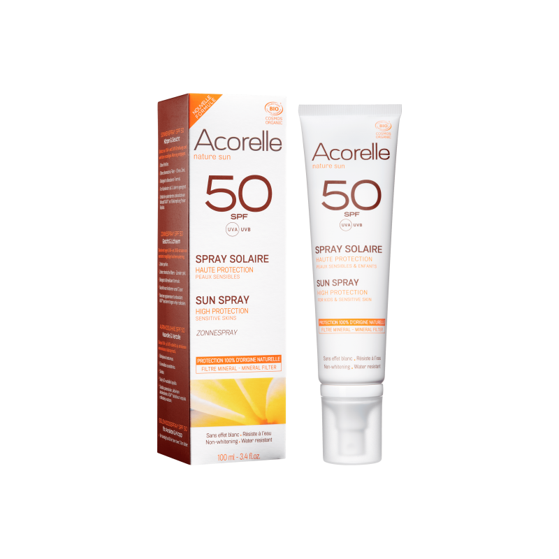 Spray solaire SPF 50 Acorelle Protection solaire bio   Disponible sur Yumibio.com