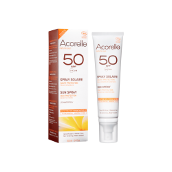 Spray solaire SPF 50 Acorelle Protection solaire bio   Disponible sur Yumibio.com