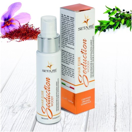 Des cheveux Spray anti-odeurs et de la pollution - Woody Setarè Parfums   Disponible sur Yumibio.com