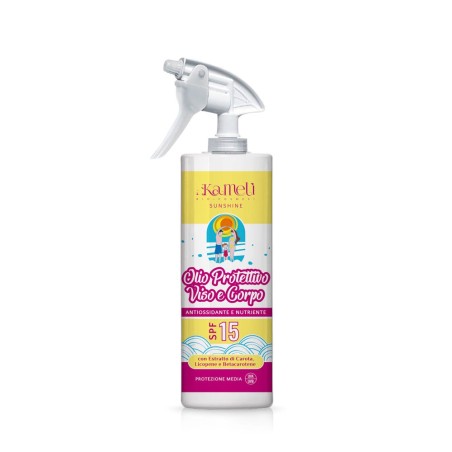 Huile protectrice visage & corps SPF 15 Kamelì Faible protection solaire   Disponible sur Yumibio.com