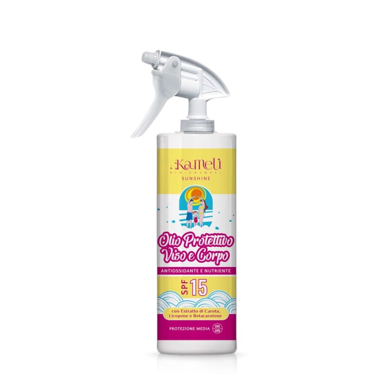 Huile protectrice visage & corps SPF 15 Kamelì Faible protection solaire   Disponible sur Yumibio.com