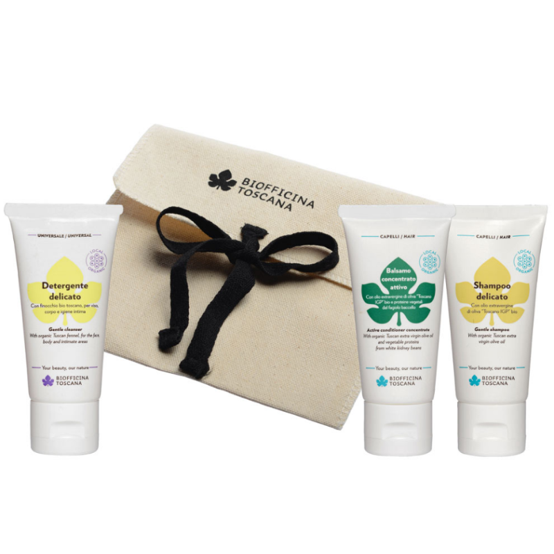 Set de Voyage-Taille Shampooing, Revitalisant, et de Détergent Biofficina Toscana Routine Capillaire   Disponible sur Yumibio...