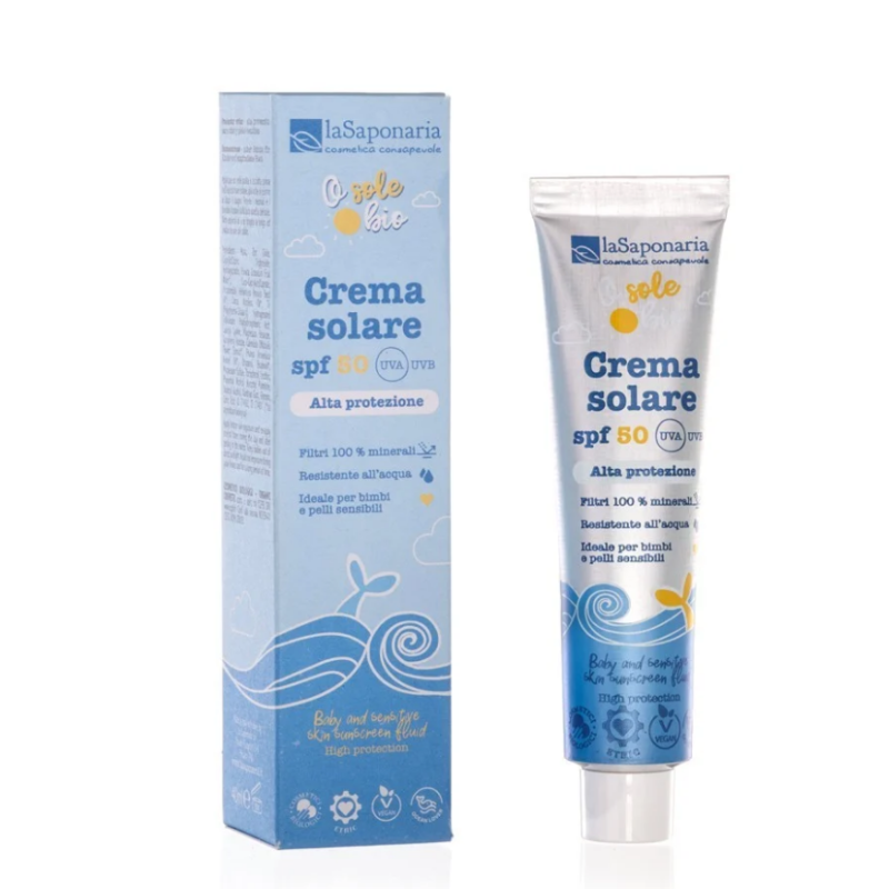 La Saponaria  Crema Solare Ecobio SPF 50 Bimbi e Pelli Sensibili - Travel Size  Protezioni Solari per Bambini