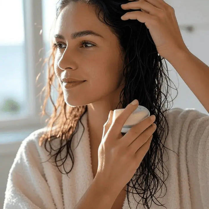 Donna con capelli bagnati che applica un balsamo da un contenitore chiaro