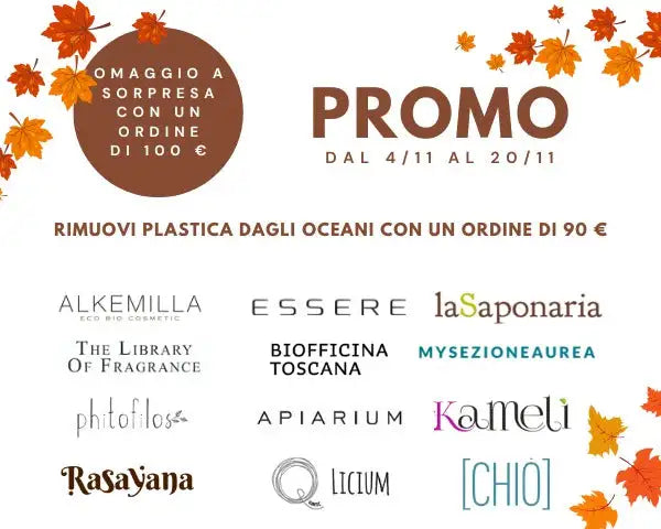 Banner di design con foglie autunnali marroni che cadono, testo e loghi.