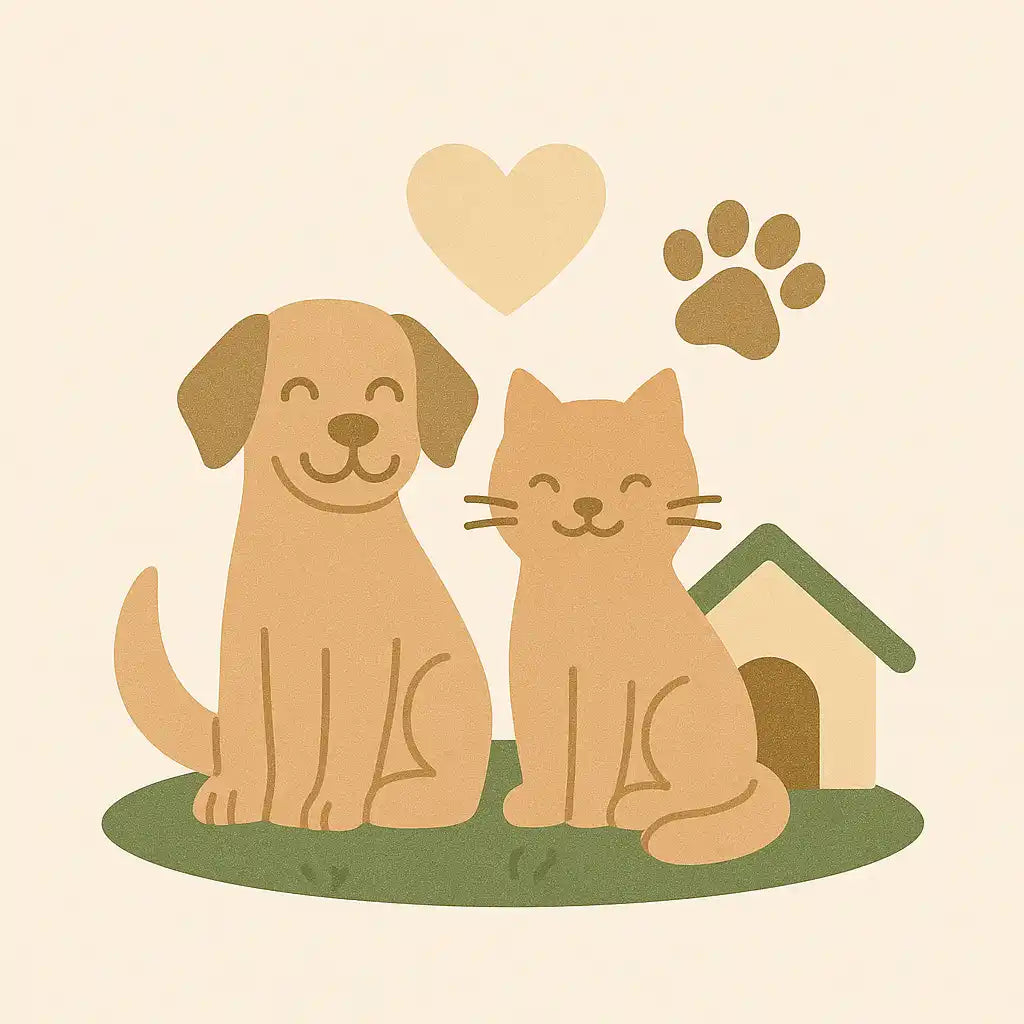 Un cartone di un golden retriever dorato e un gatto ginger seduti insieme con un cuore e impronte di zampe.