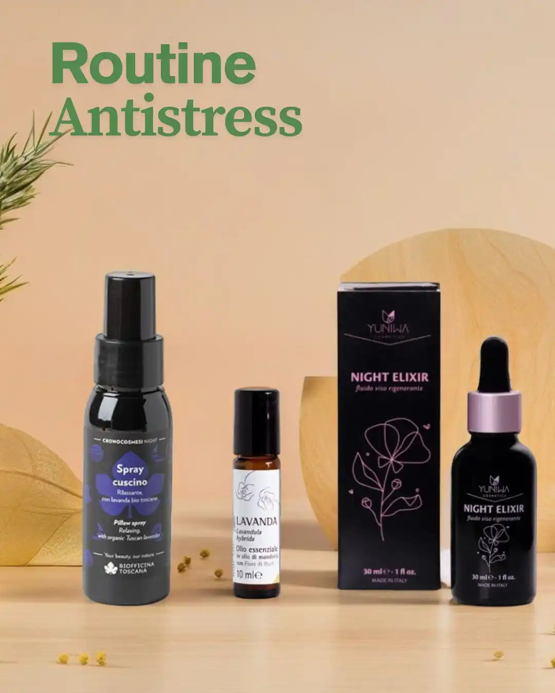 Una raccolta di bottiglie di colore scuro e una scatola contenente prodotti anti-stress ed elisir della notte.