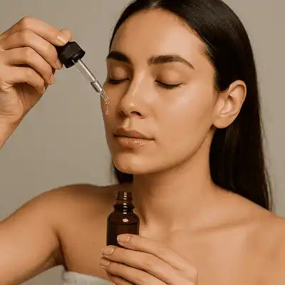Una bottiglia contagocce che eroga un liquido sul viso di una donna, per la cura della pelle.