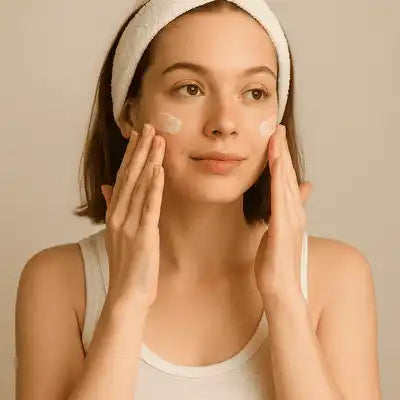 Una donna con una fascia bianca che applica la crema sul viso.