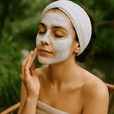 Donna che applica una maschera viso bianca con gli occhi chiusi, indossando una fascia per capelli bianca.
