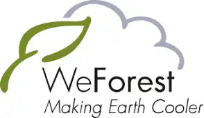 Logo con foglia verde su sfondo bianco con design a nuvola e testo 'weforest making earth cooler'