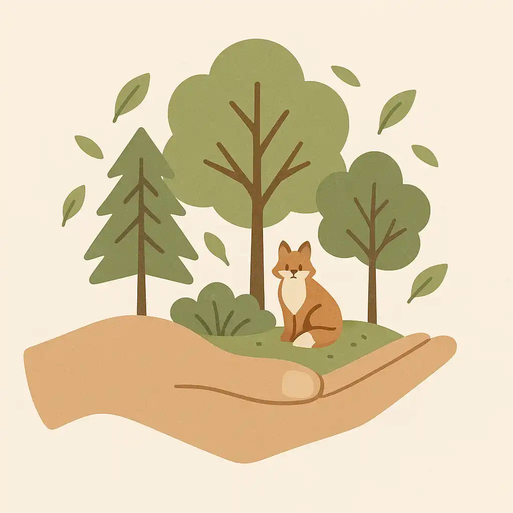 Una mano che tiene una piccola foresta con una volpe.