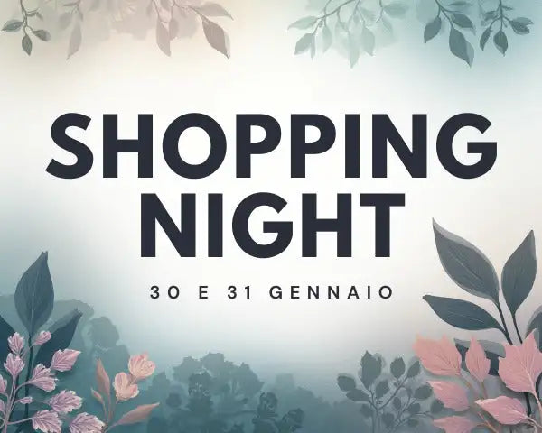 Poster per evento di shopping notturno con eleganti illustrazioni botaniche in tonalità pastello morbide.