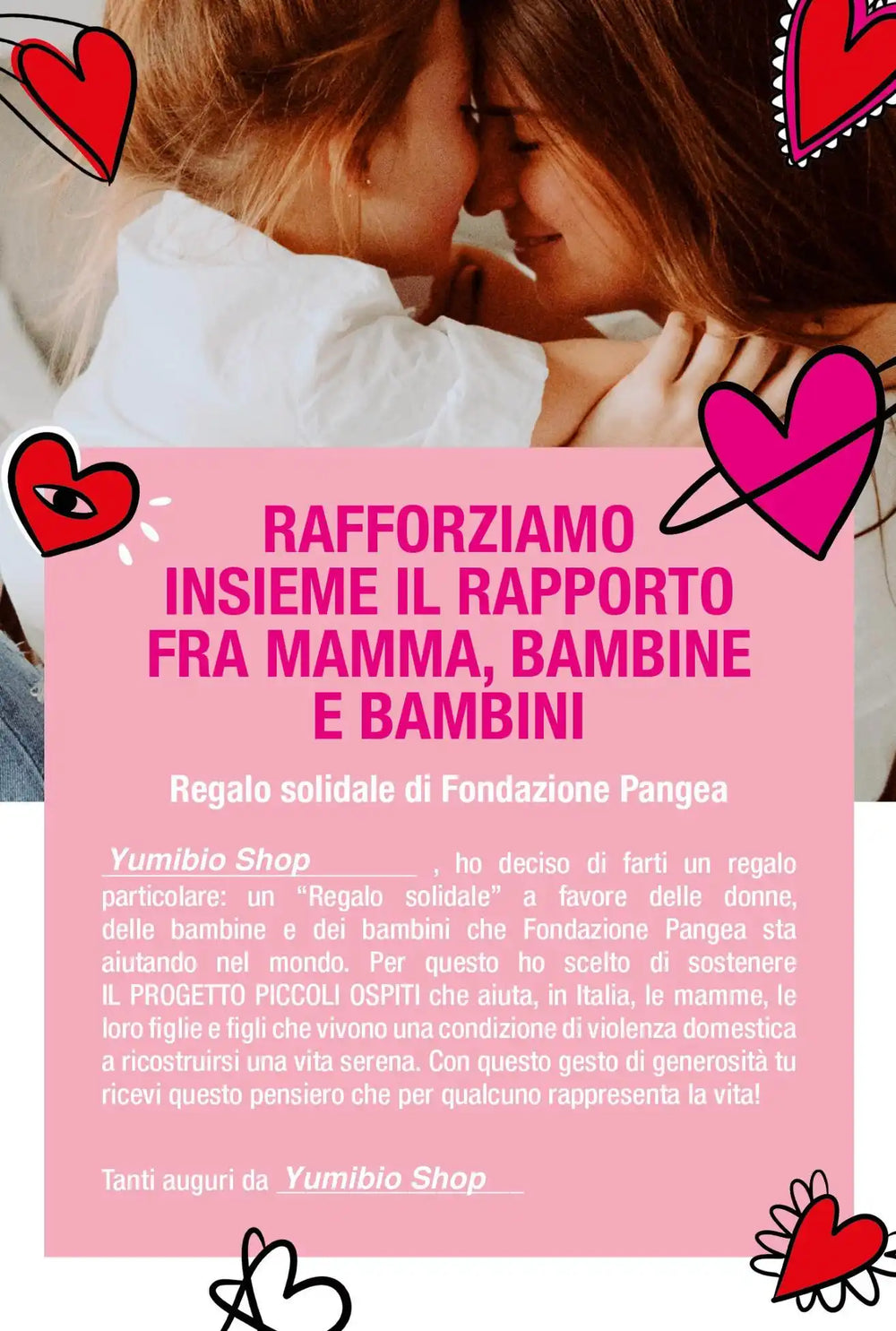 Volantino promozionale per un dono di beneficenza a sostegno di donne e bambini che fuggono dalla violenza domestica.